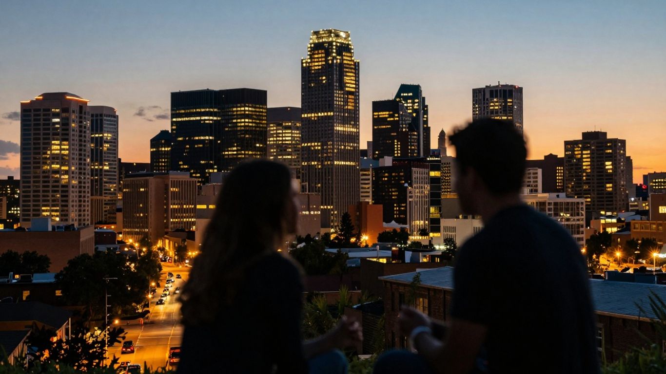 Denver cityscape at dusk with subtle human silhouettes.
