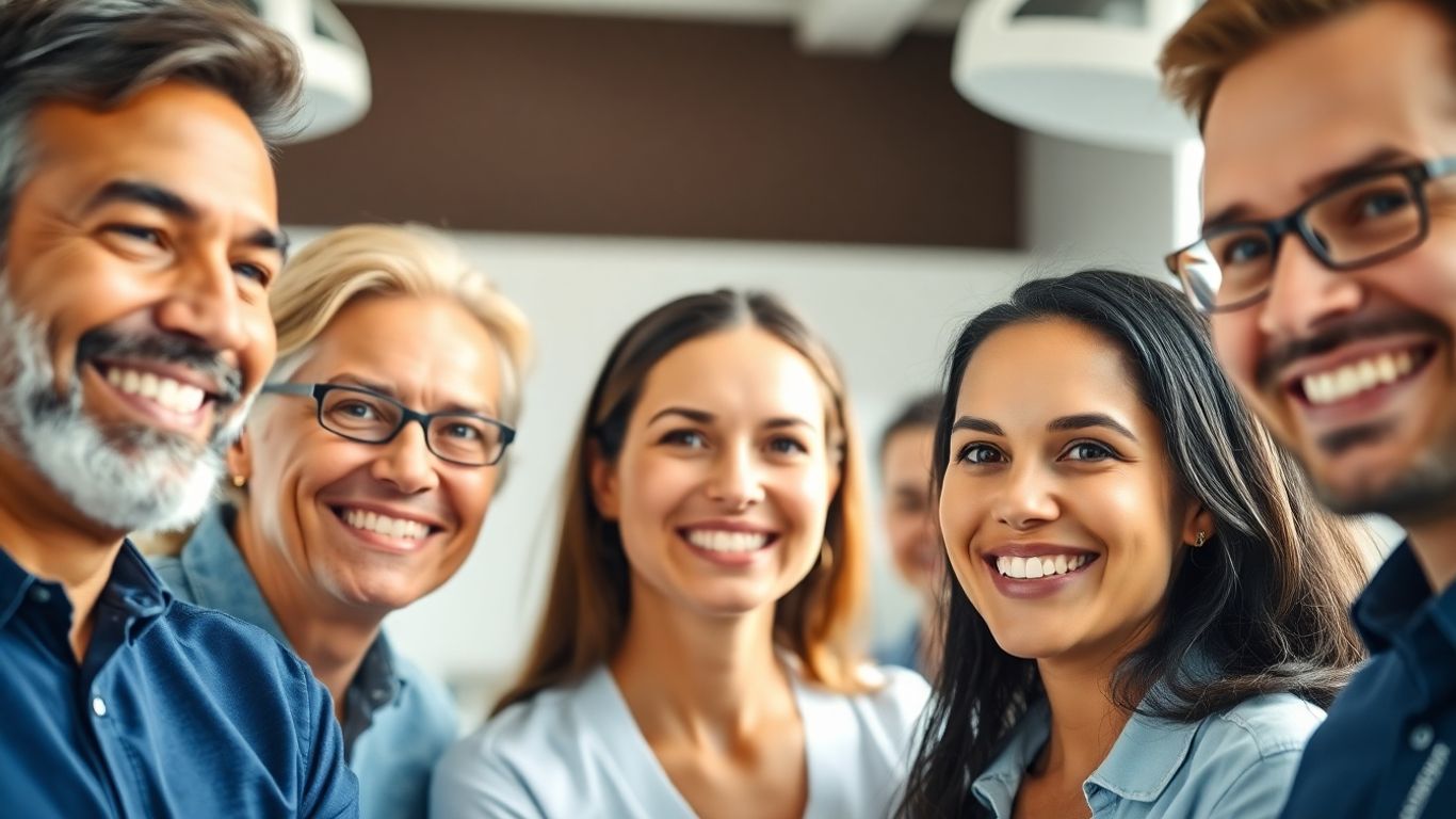 Patients smiling in a modern aesthetics clinic.