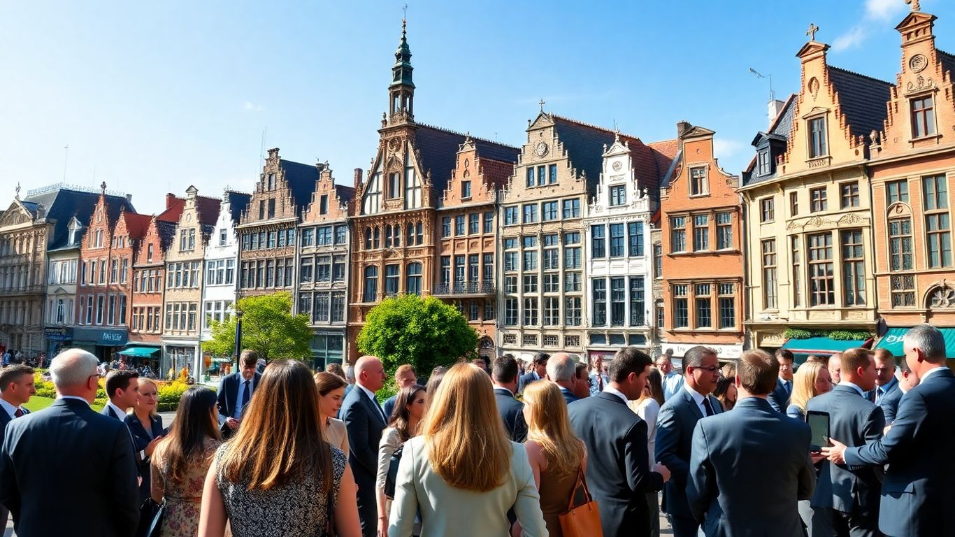 Belgian cityscape with professionals discussing sponsorship opportunities.