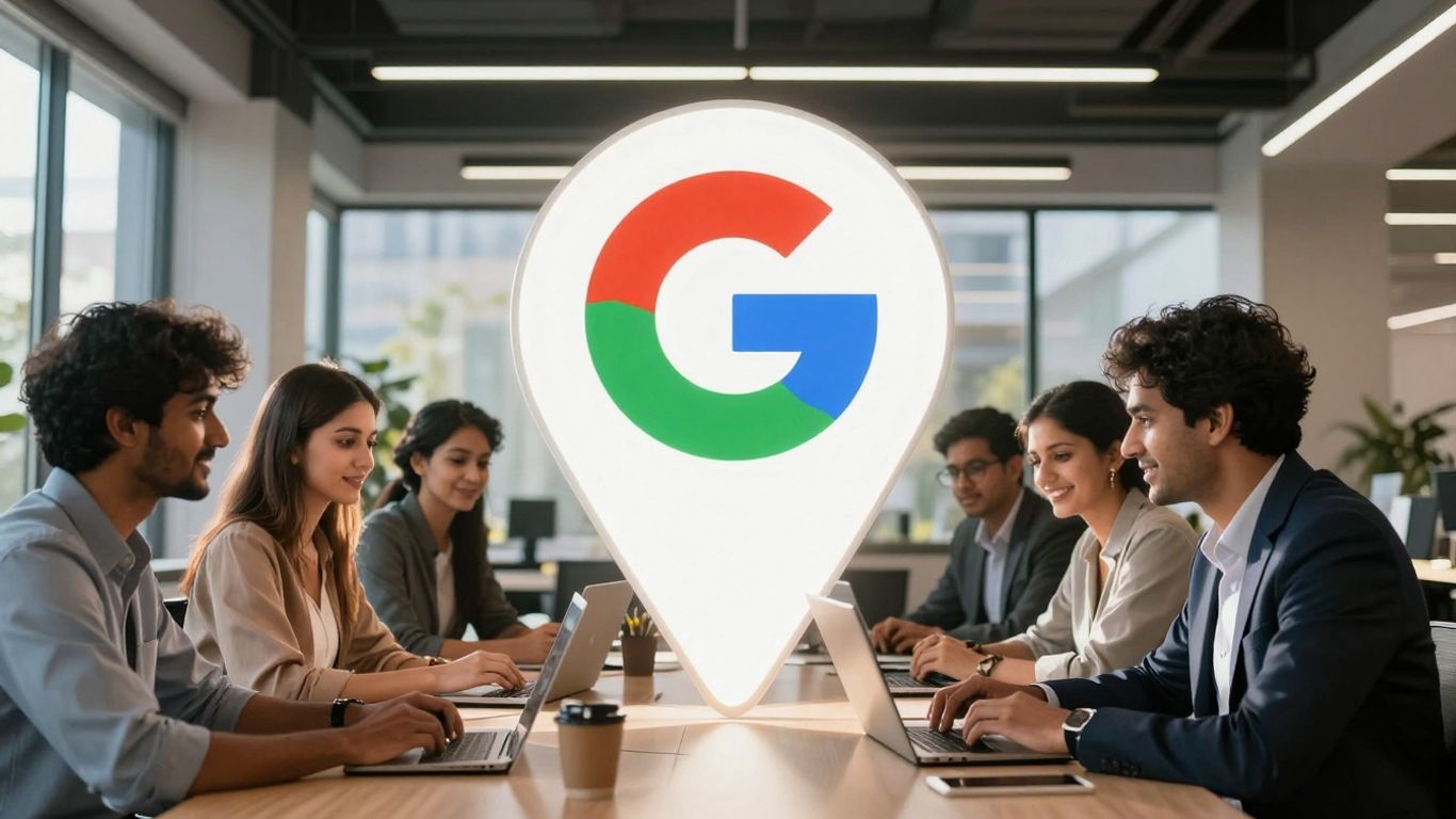 Google Maps pin icon in a modern office.