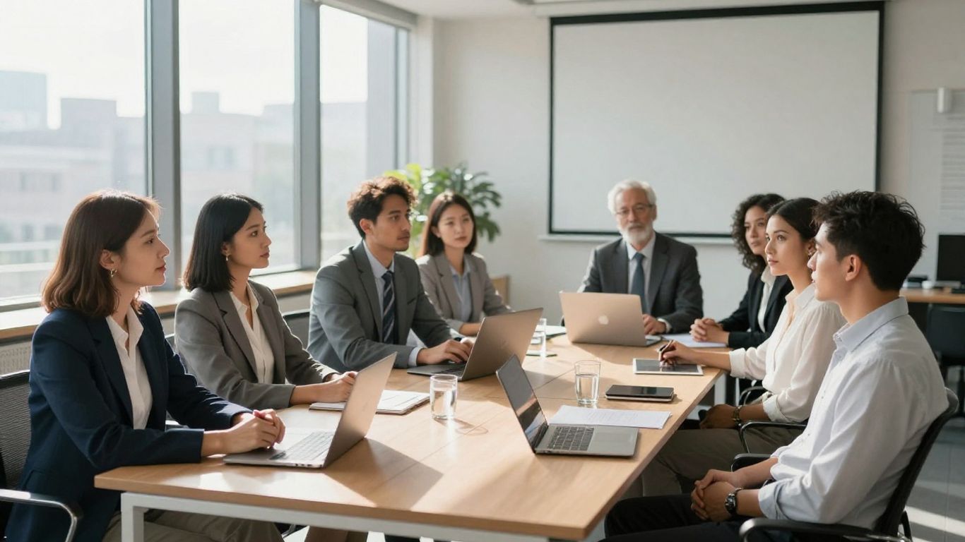 Professionals in a meeting discussing corporate compliance.