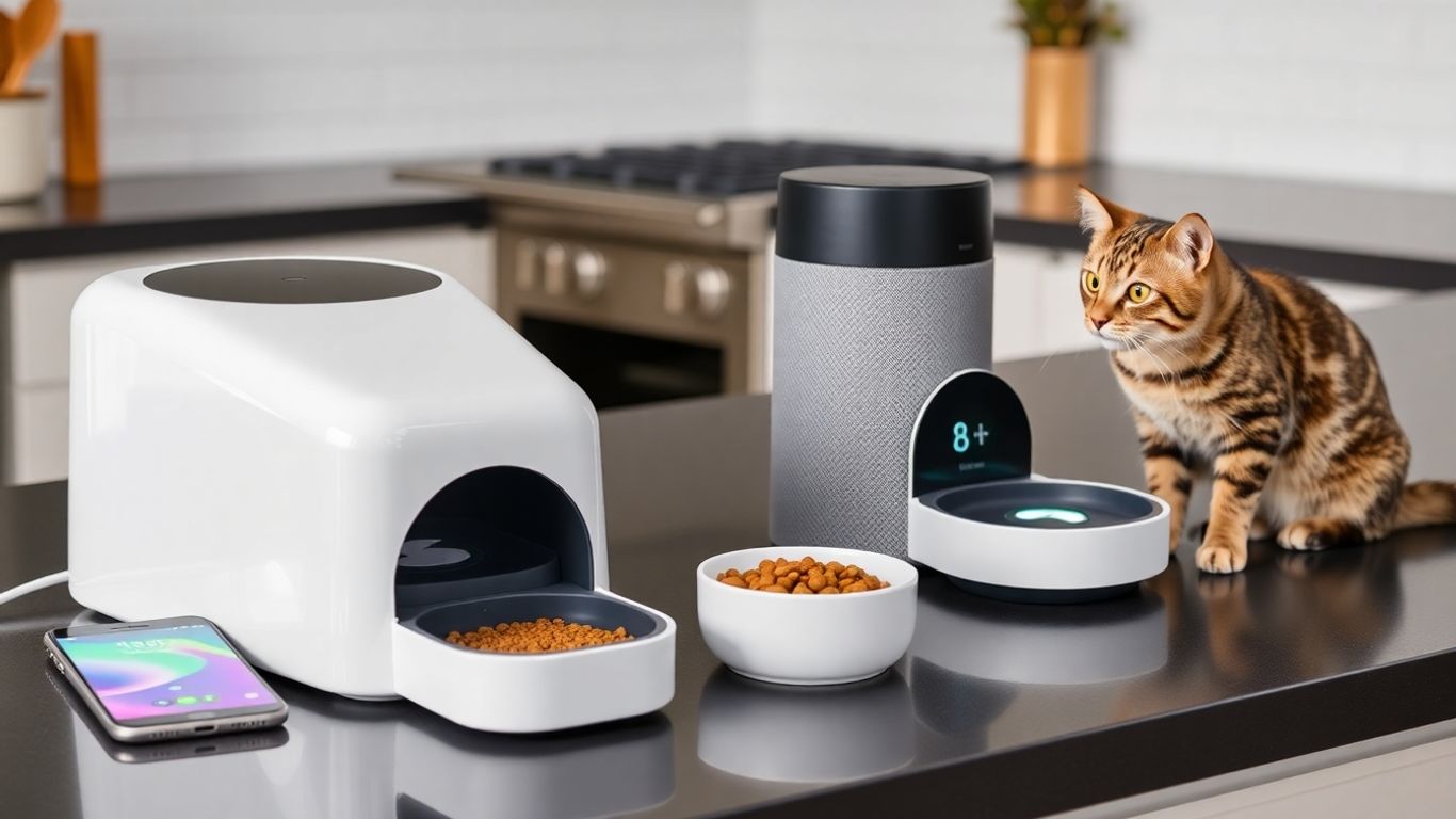 Smart cat feeders with app and voice control features on a counter.