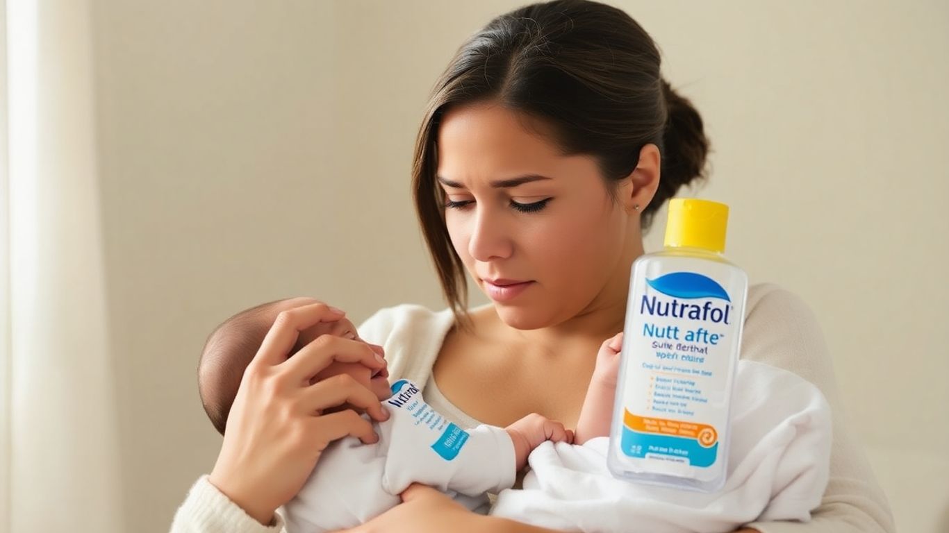Mother holding baby and Nutrafol bottle