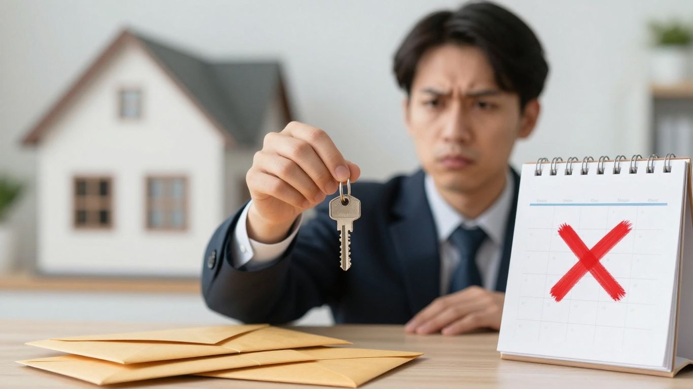 Arrendador preocupado con llaves y casa.