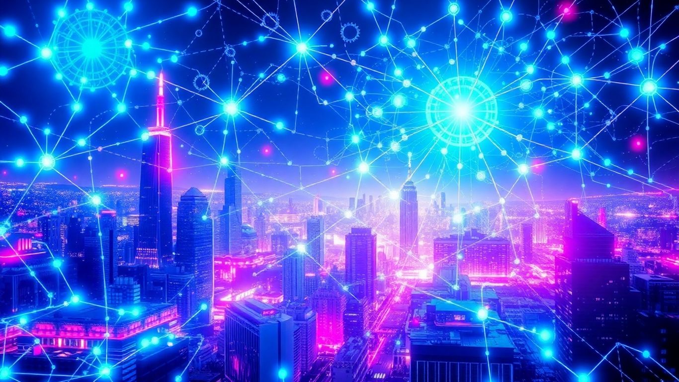 Futuristic AI neural network with industrial elements.