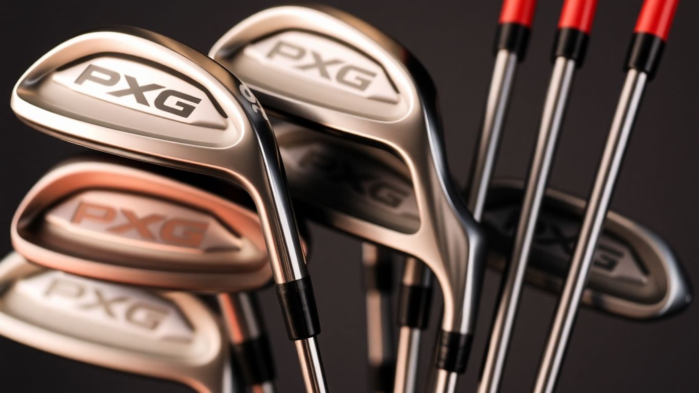 PXG golf clubs with metallic finishes and branding.