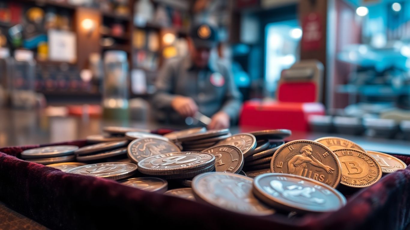 Close-up of rare coins at a pawn shop counter