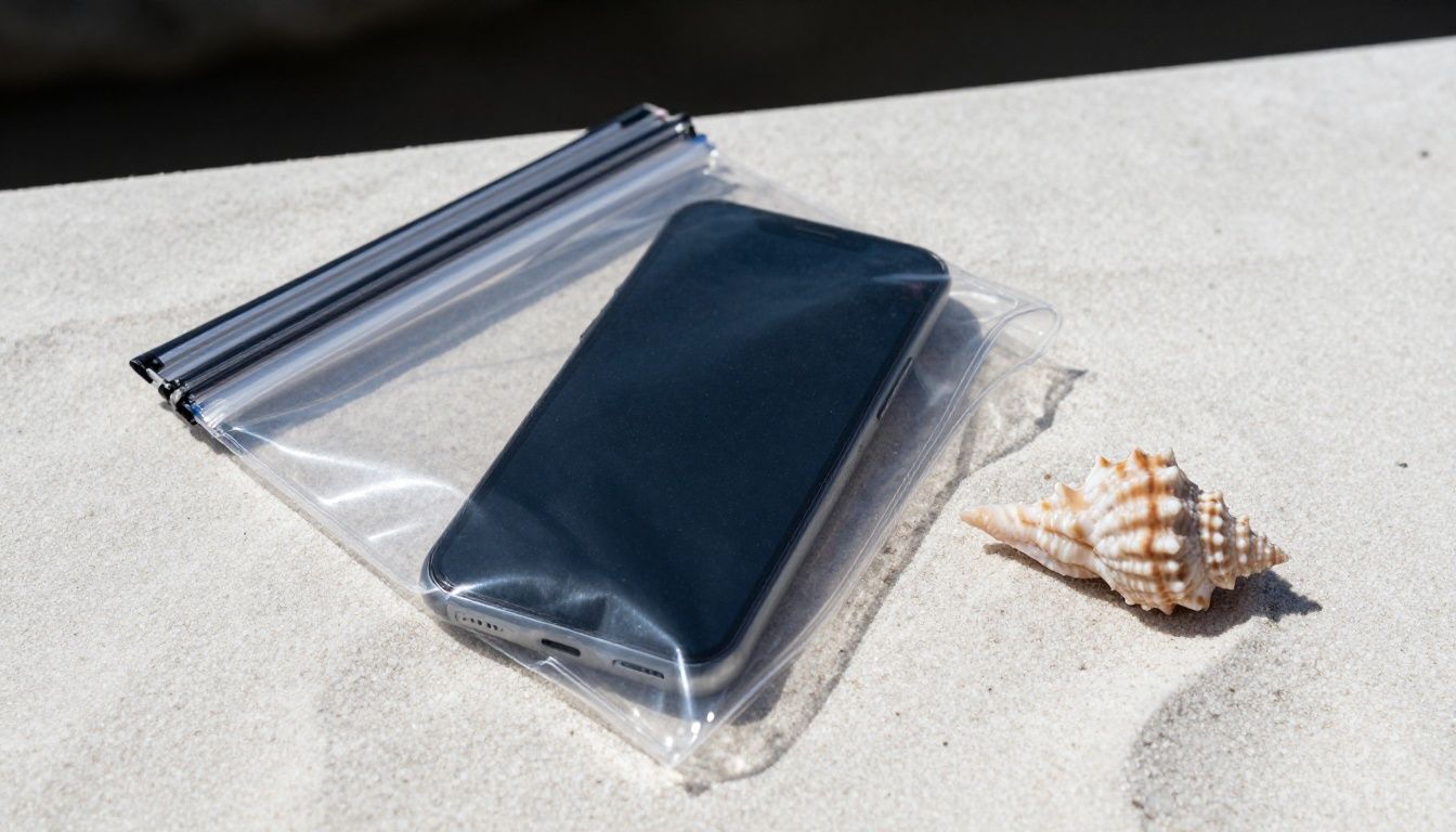 A generic smartphone inside a clear, sealed waterproof pouch, lying on clean white sand next to a seashell on a sunny beach.