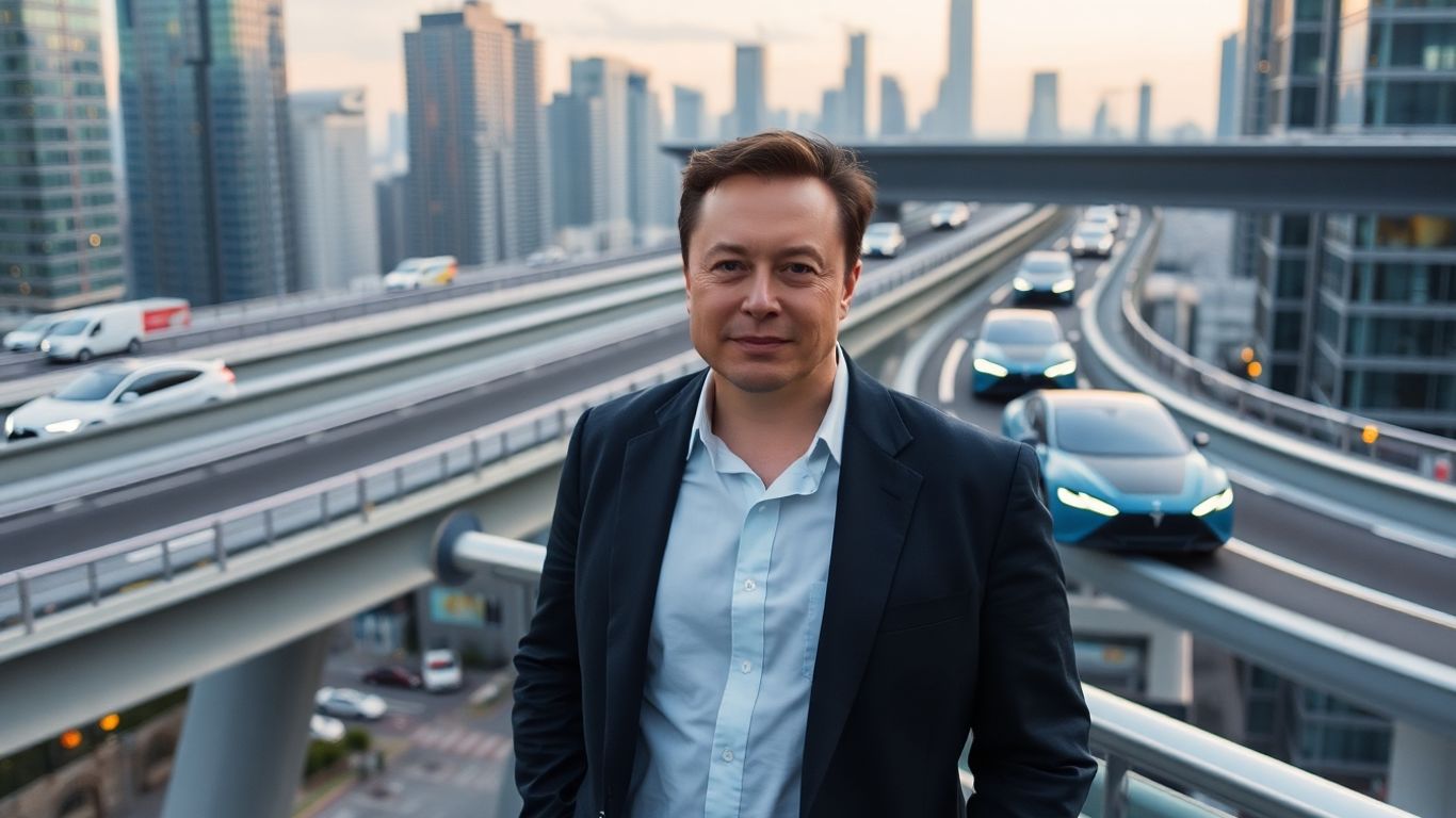Elon Musk with futuristic city and self-driving cars.