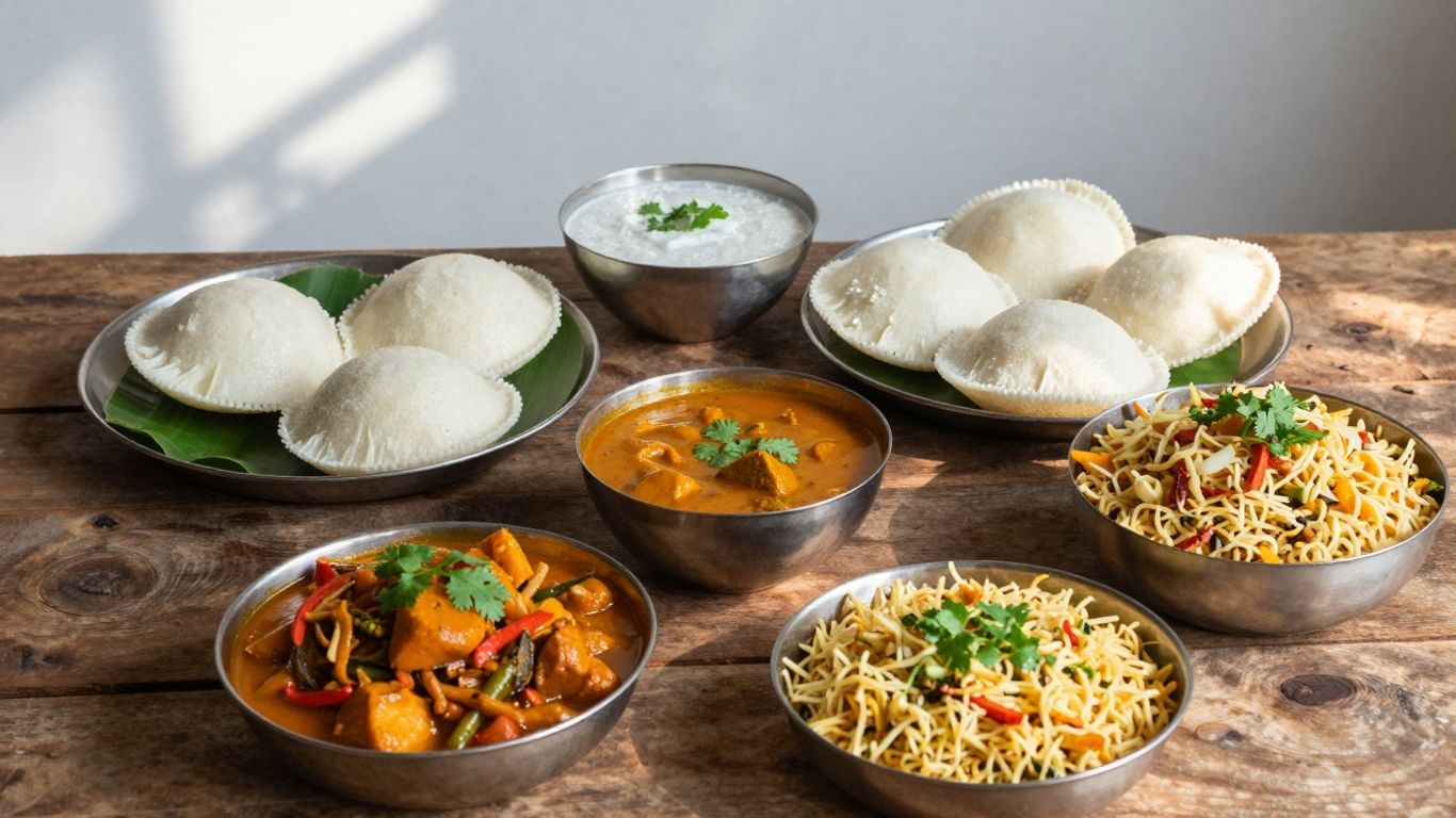 Healthy Indian breakfast dishes like idli and dosa.
