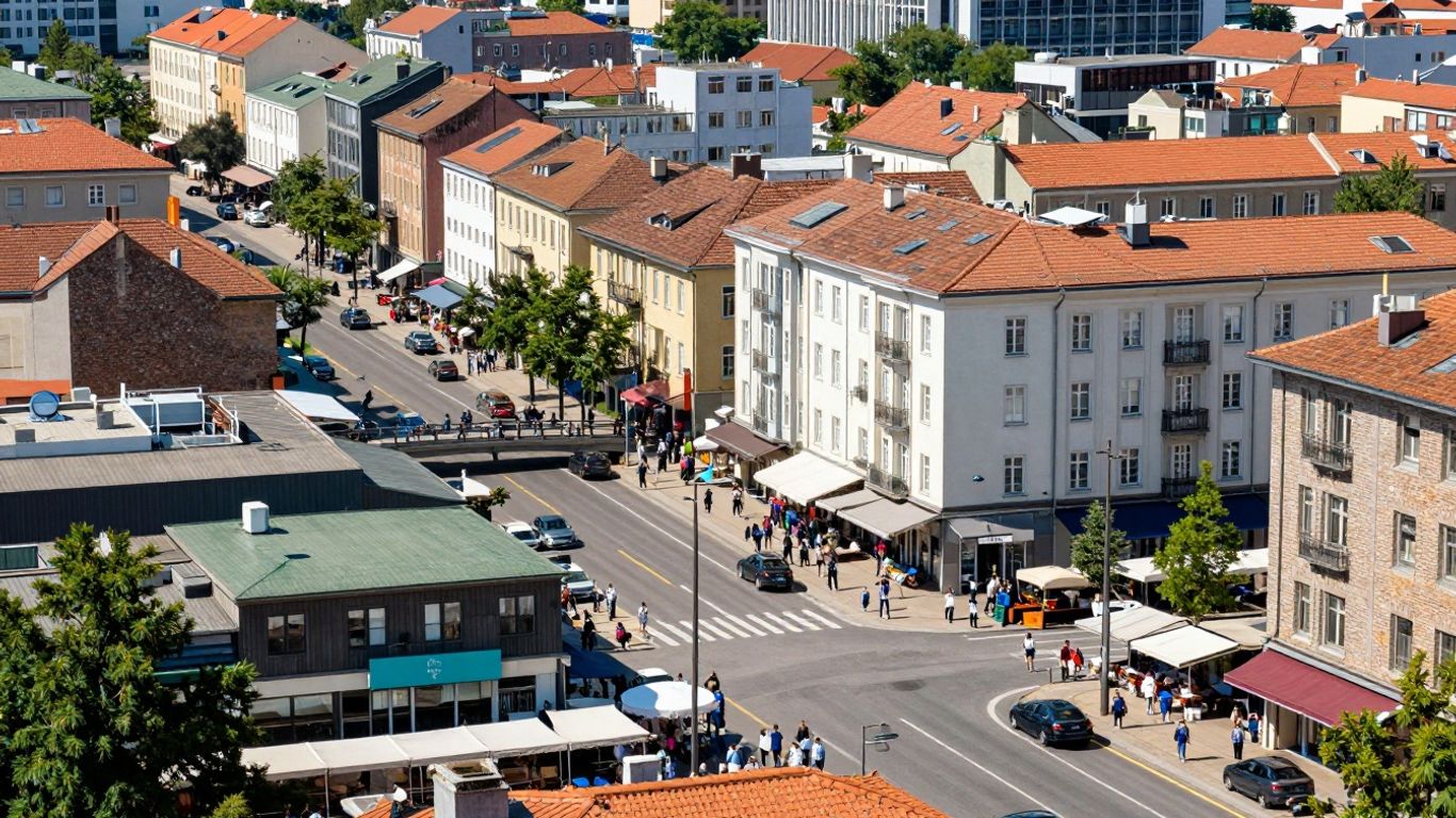 Europäische Stadtlandschaft mit verbundenen Unternehmen und Menschen