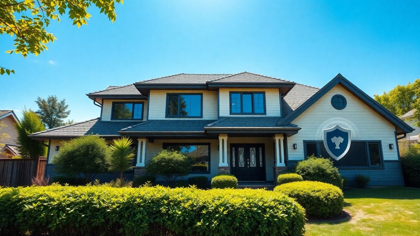 Casa moderna con seguro de hogar y cielo azul.
