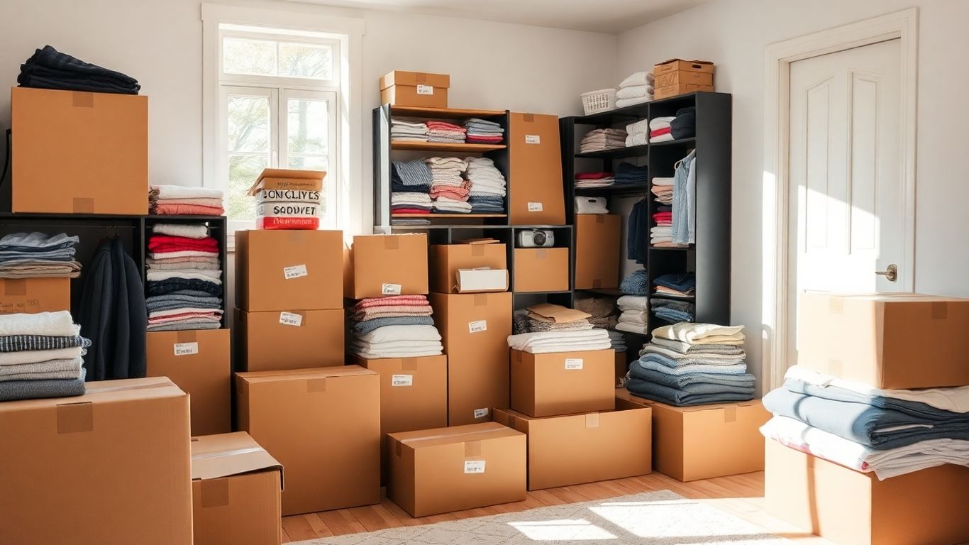 Organised room with moving boxes and sorted belongings
