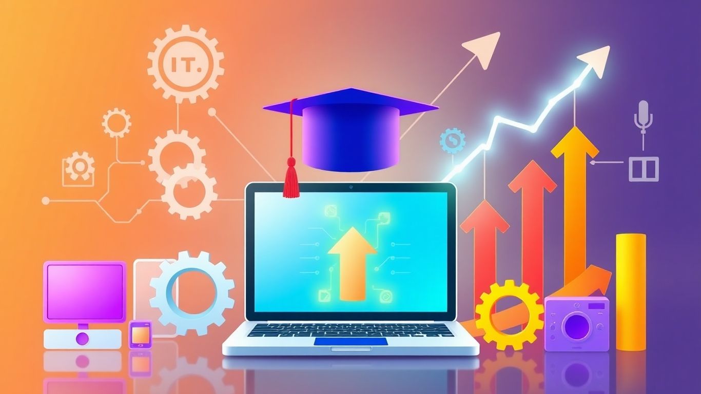 Infographic of IT career growth with computer and certification icons.