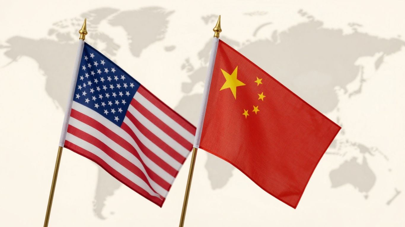 US and China flags overlapping with a global map background.