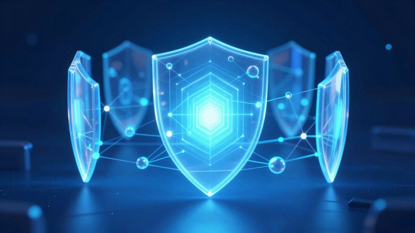 Digital fortress with secure shield and interconnected nodes.