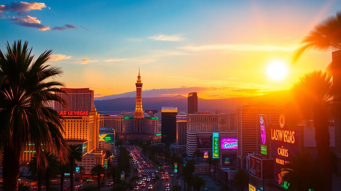 Las Vegas skyline at dusk with neon lights.
