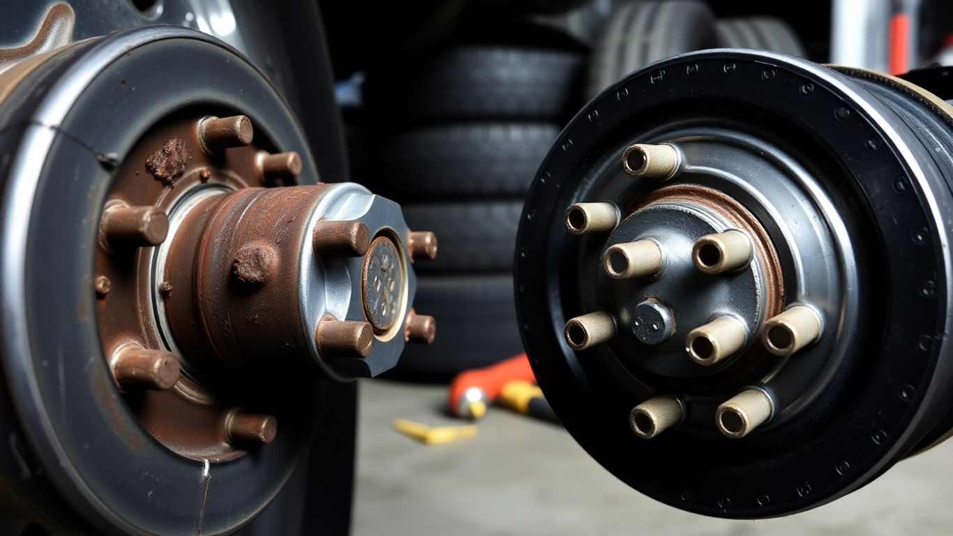 Dirty and clean car wheel studs side by side