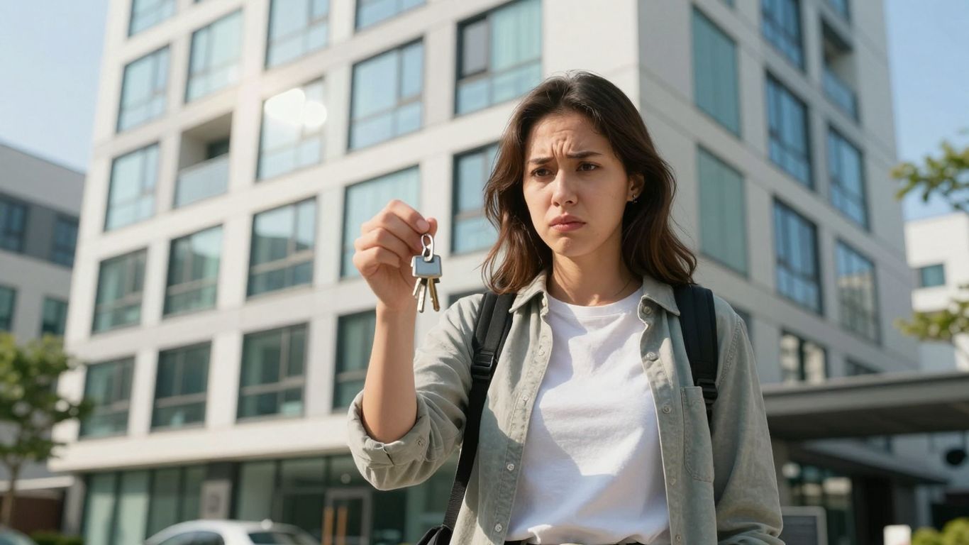 Expat looking frustrated outside a South Korean apartment building.