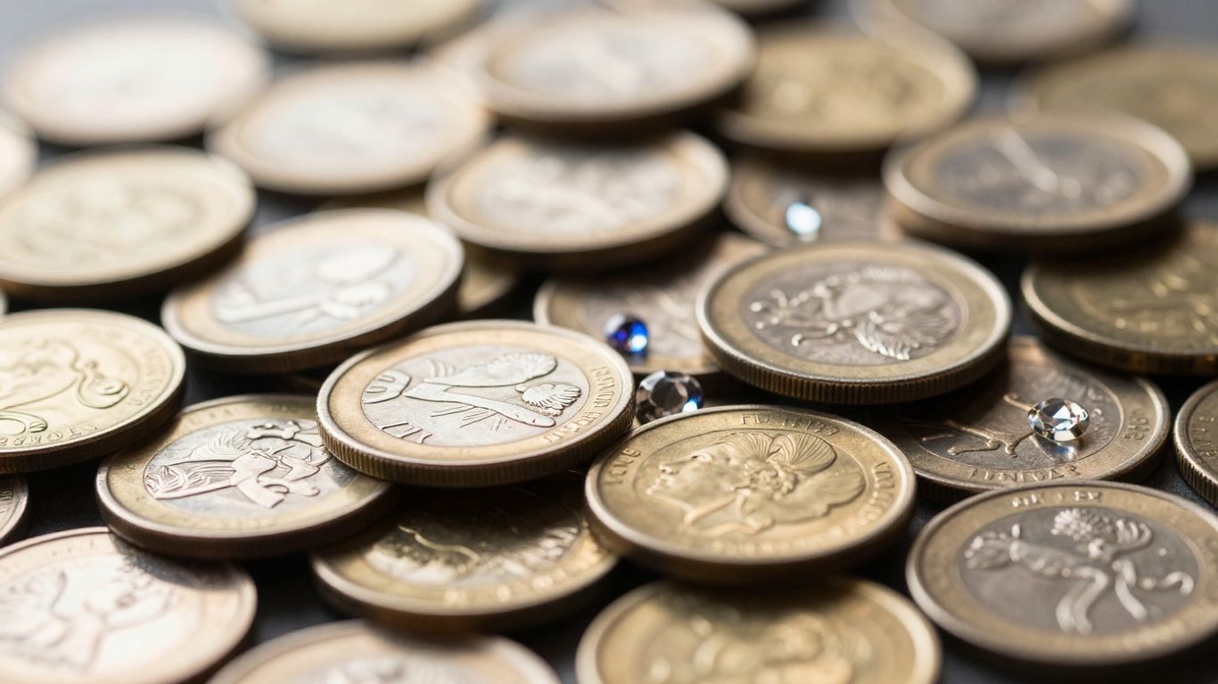 Gold and silver coins with gemstones