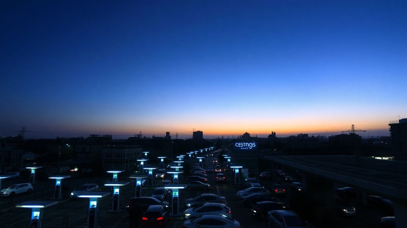 Electric cars charging in a city as power lines strain.