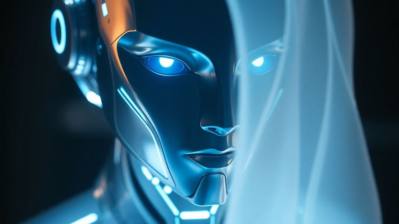 Futuristic AI agent with glowing blue circuits.