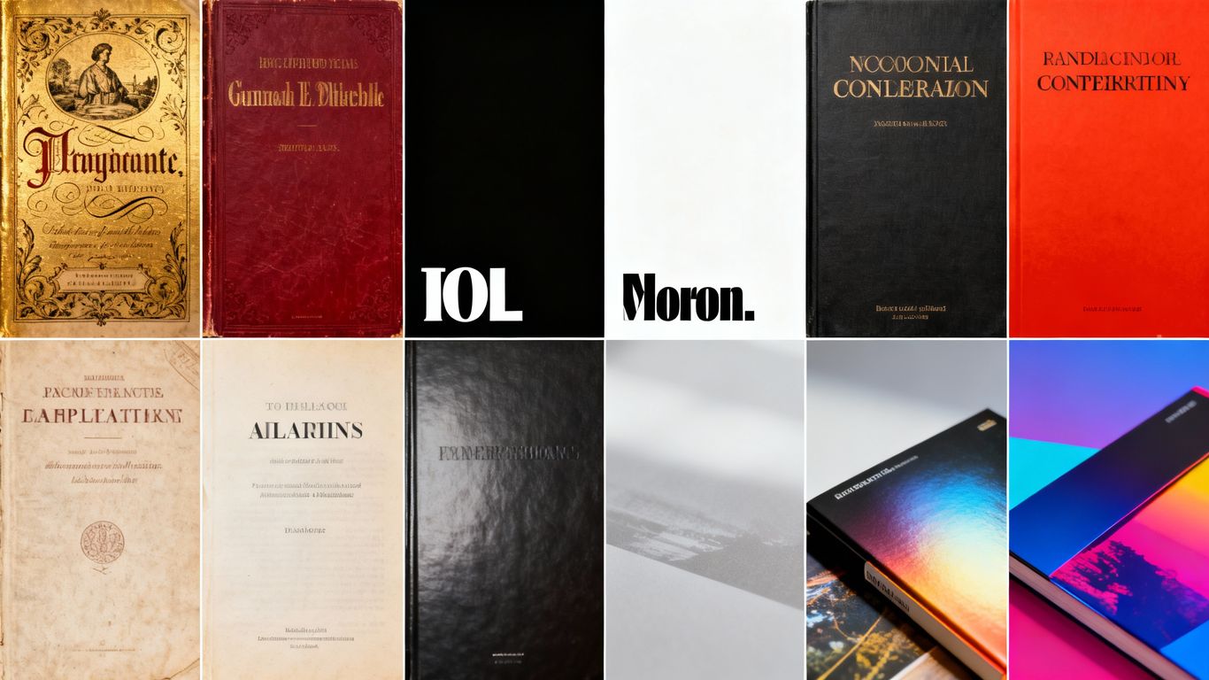 Evolution of book cover design trends through the decades.