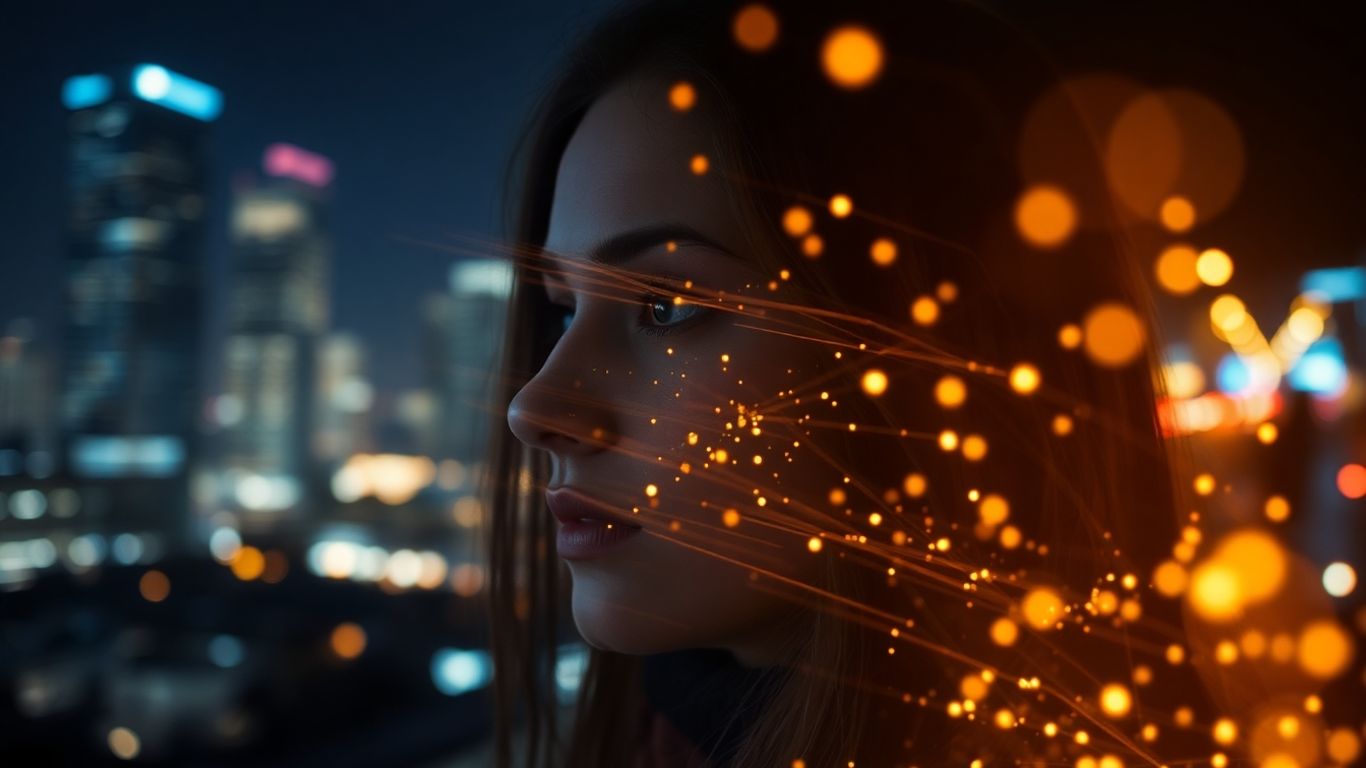 Woman's face with digital light trails and glowing particles.