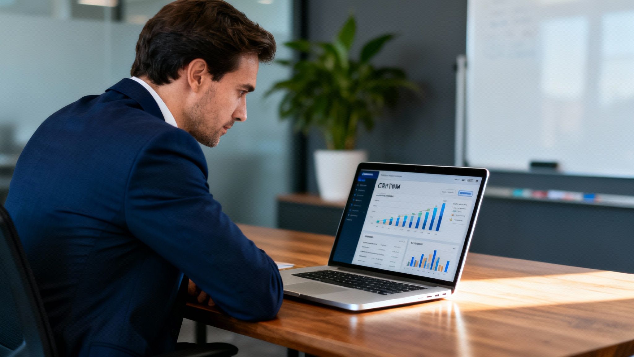 Business owner reviewing CRM system on laptop for insights