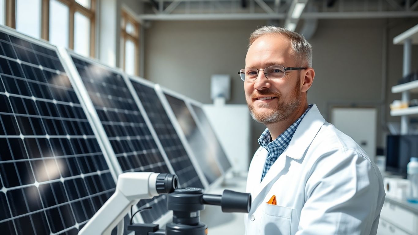 Portrait de Yoann Bourdon avec panneaux solaires et instruments scientifiques