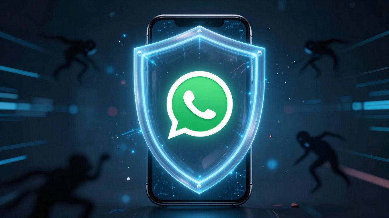 WhatsApp logo protected by a digital shield.