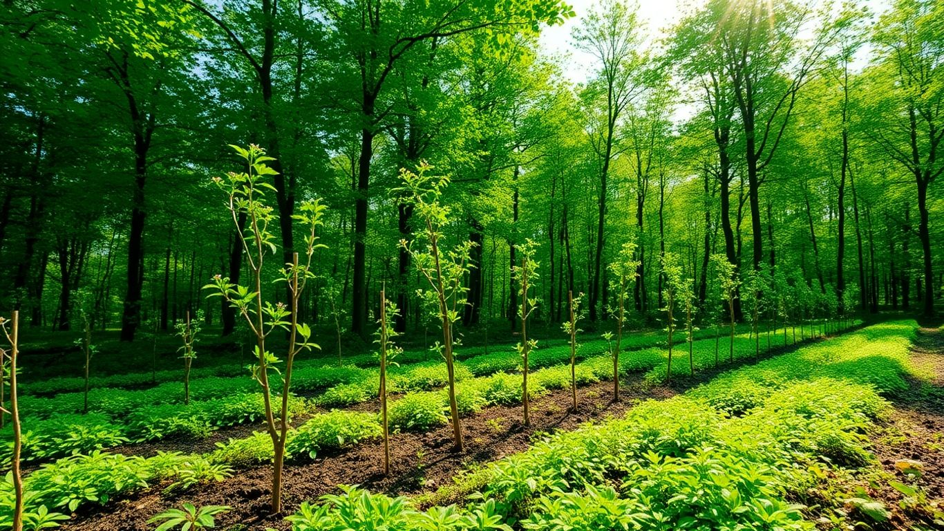 Copaci tineri plantați într-o pădure verde.