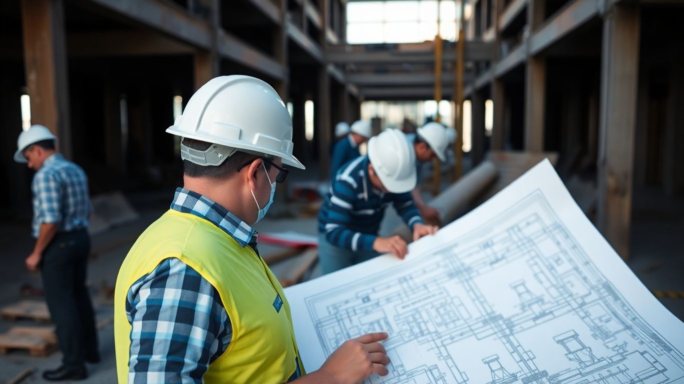 Construction site with workers and a blueprint.