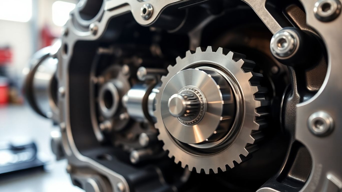 Close-up of a shiny metal CVT gearbox component.
