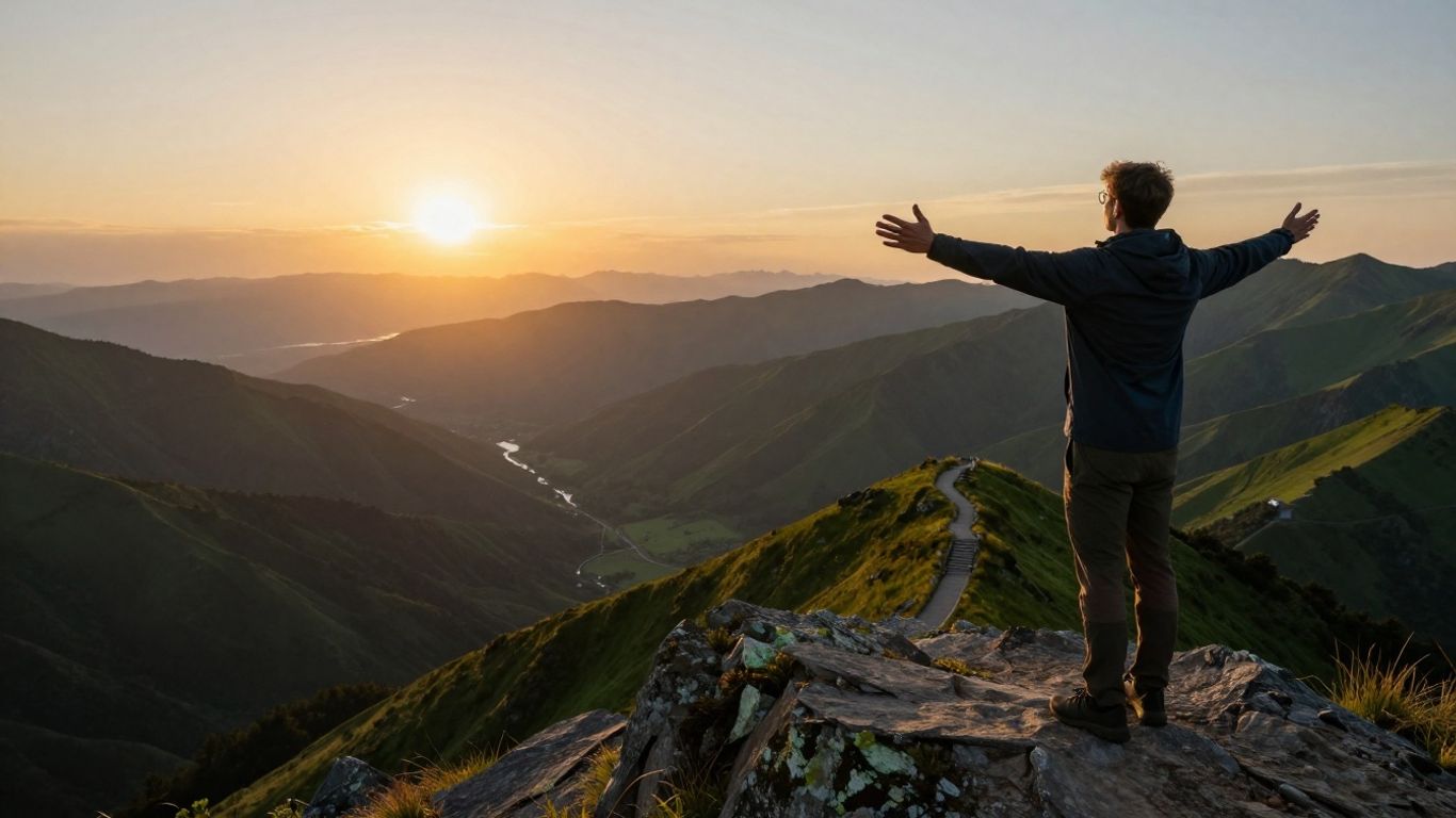 Pessoa no topo de uma montanha ao nascer do sol.