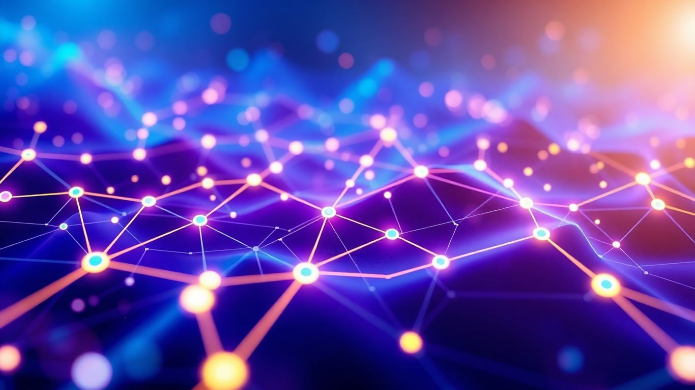 Abstract digital landscape with data streams and nodes.