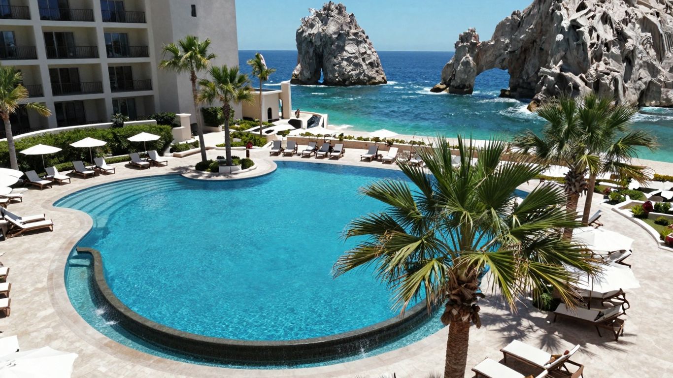 Cabo bachelorette party resort pool with Arch in background.