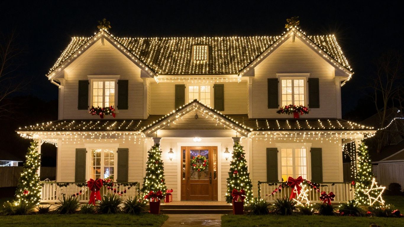 Dazzling Christmas lights on a house at night.