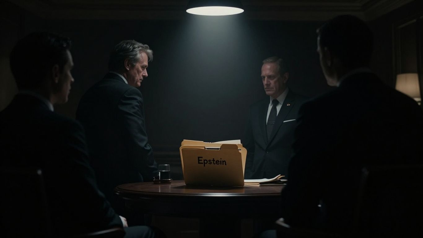 Elite figures in a dark room with Epstein files.