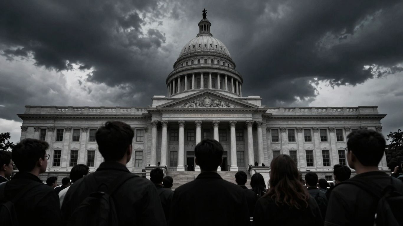 Clădire guvernamentală sub cer furtunos, oameni adunați în față.