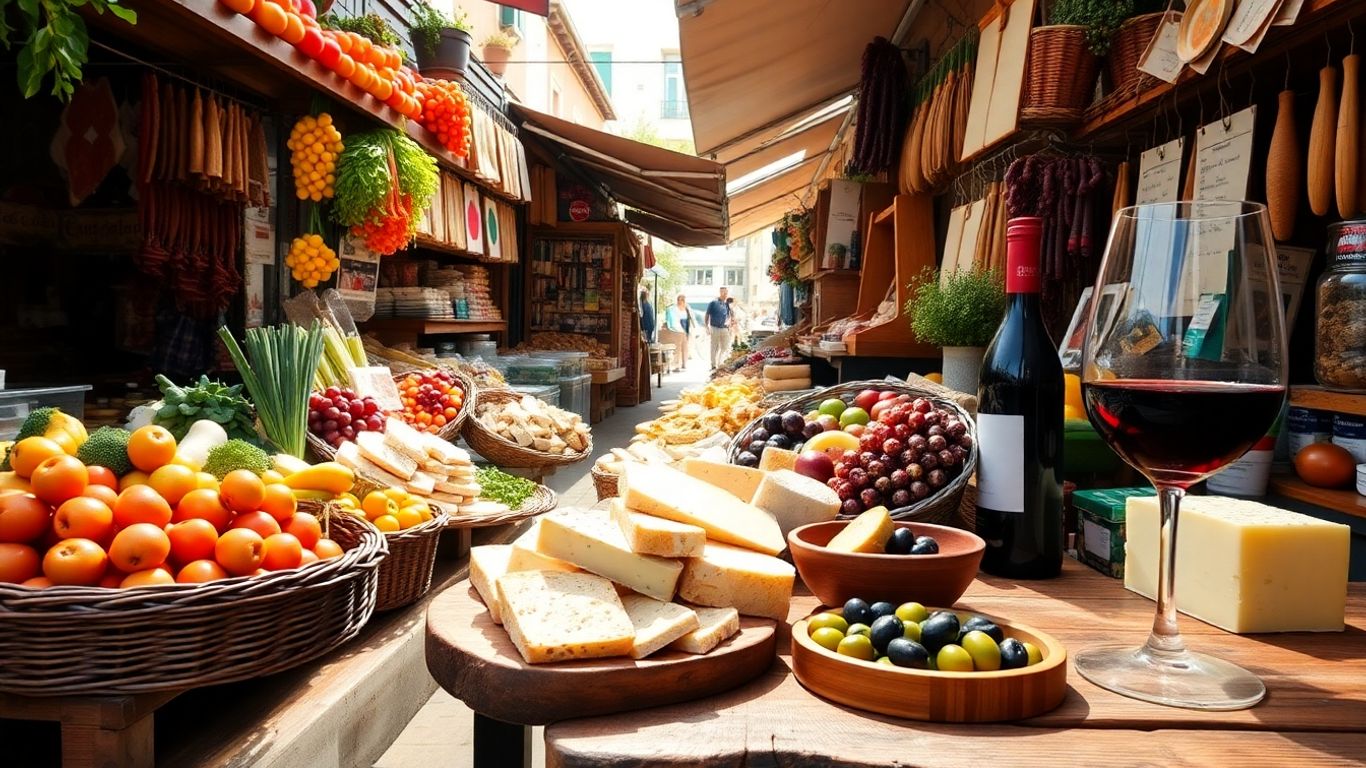 Masa plină cu delicatese spaniole, vin și măsline.