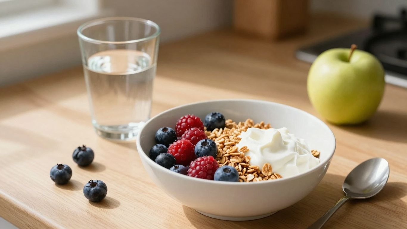 Healthy breakfast bowl with berries and granola