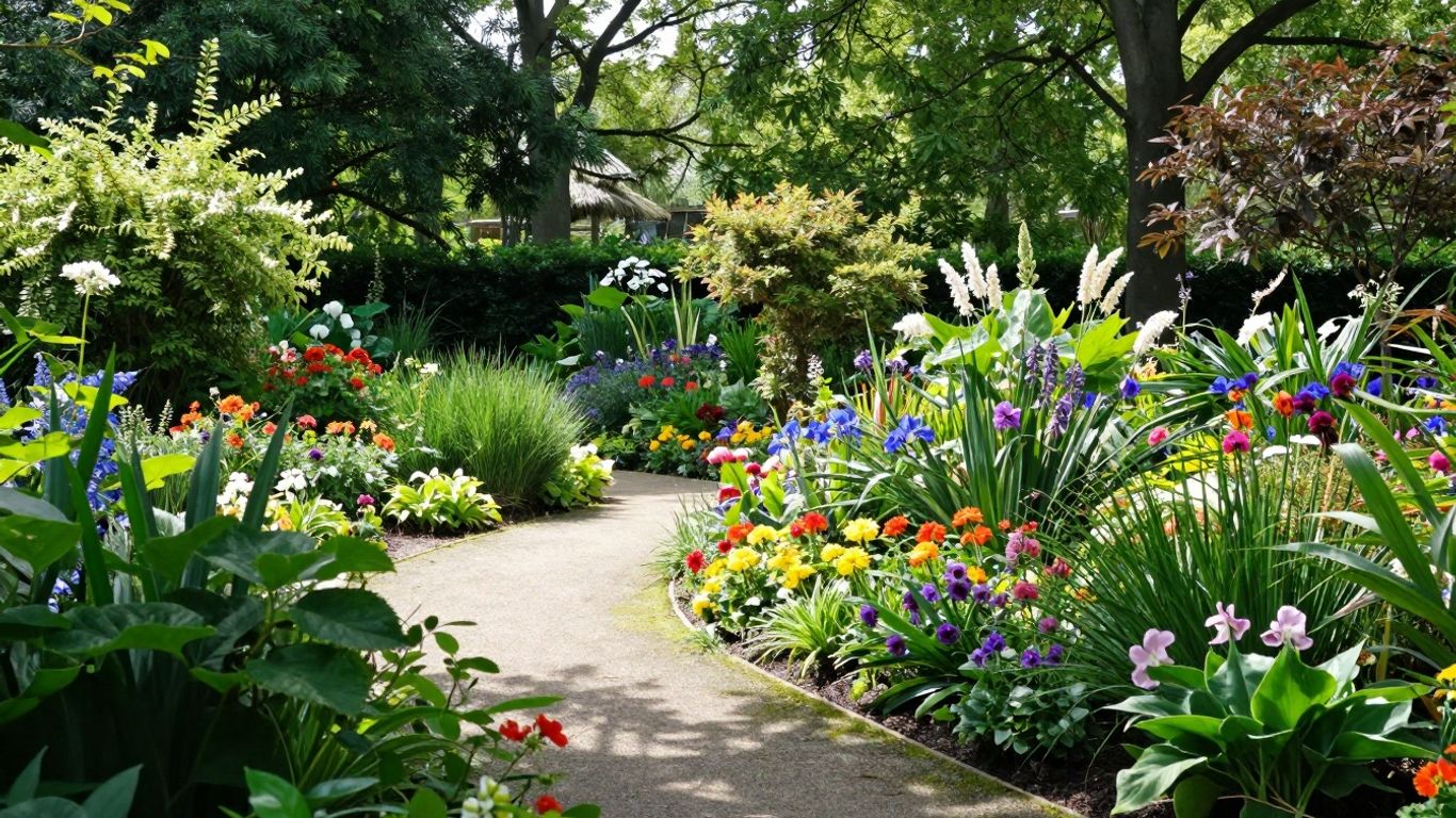 Groene tuinen met bloemen en paden