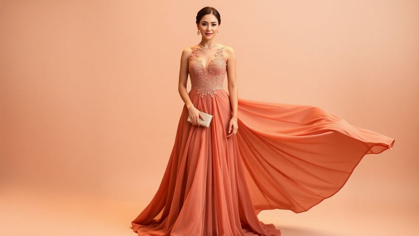 Woman in elegant long formal gown with accessories.