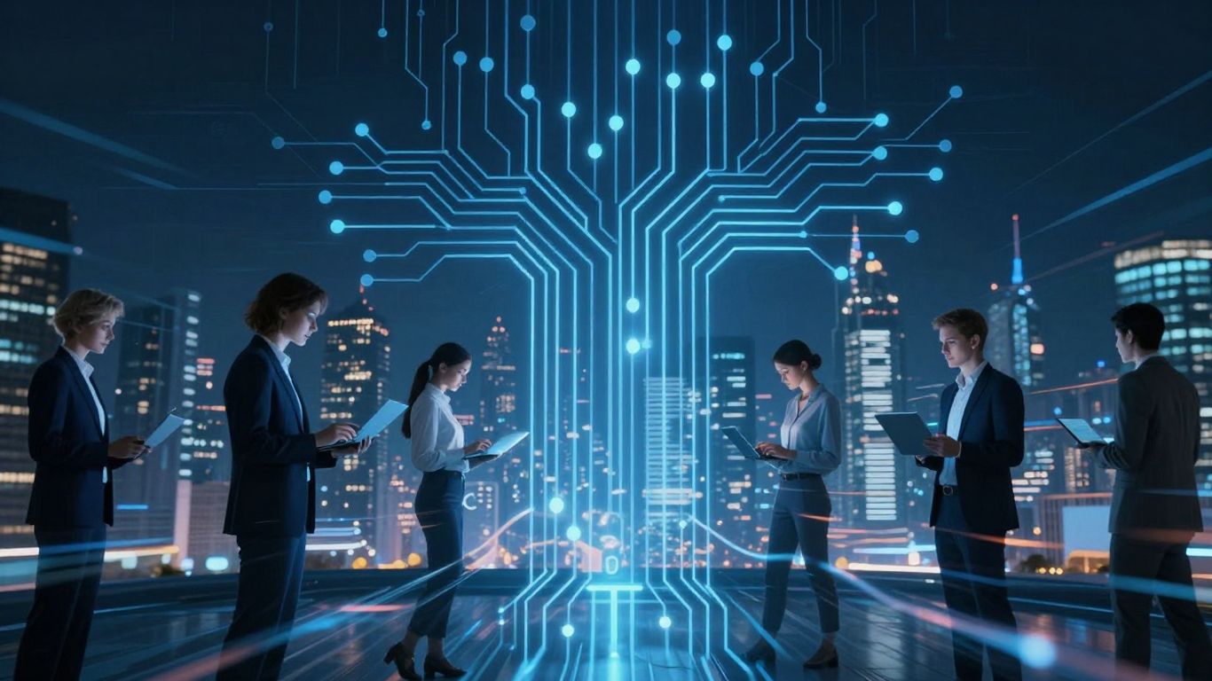 Futuristic technology and innovation with diverse people collaborating.