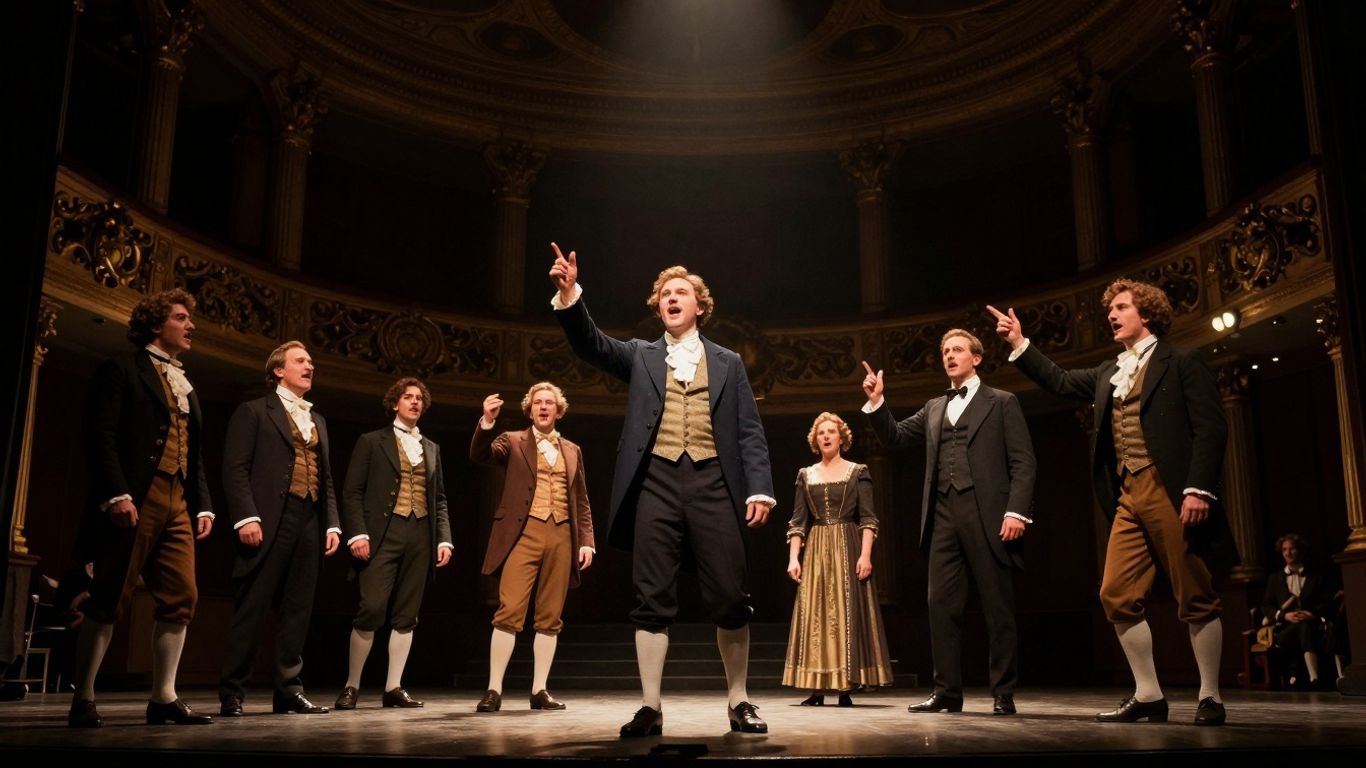 Actori pe scena teatrului în costume istorice.