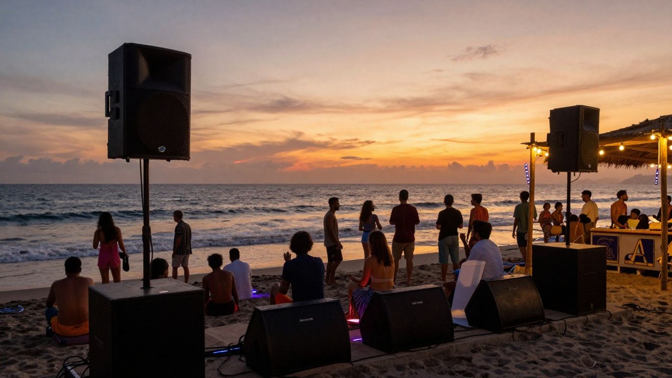 Balinese beach party with advanced sound system at sunset.