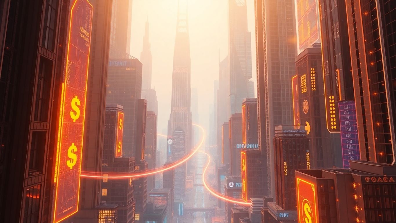 Futuristic cityscape with digital streams and currency symbols.