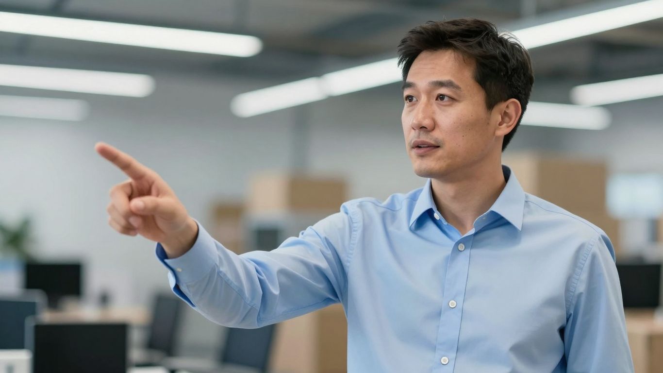 Professioneller Mann im Büro mit dezentem blauen Akzent.