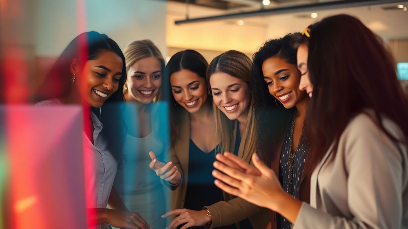 Diverse women collaborating on digital solutions.